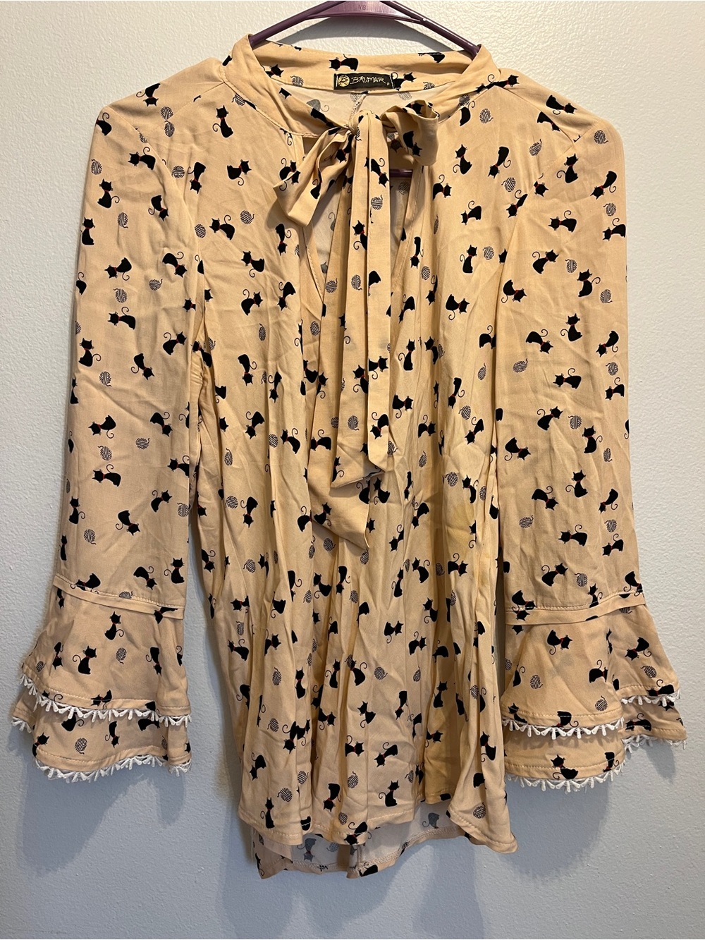 Brumar Brazilian Kitty Cat Beige Tie-Neck Blouse Bell Sleeve size Small